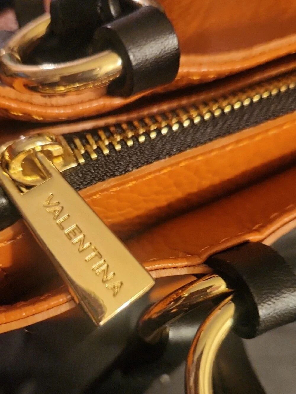 Valentina Tan Leather Shoulder Bag with Black Straps and Gold Hardware